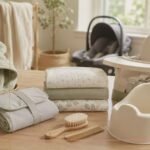 baby products for new moms arranged on a nursery table with soft baby essentials