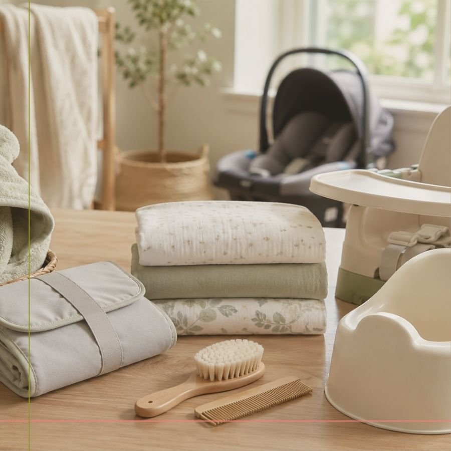 baby products for new moms arranged on a nursery table with soft baby essentials