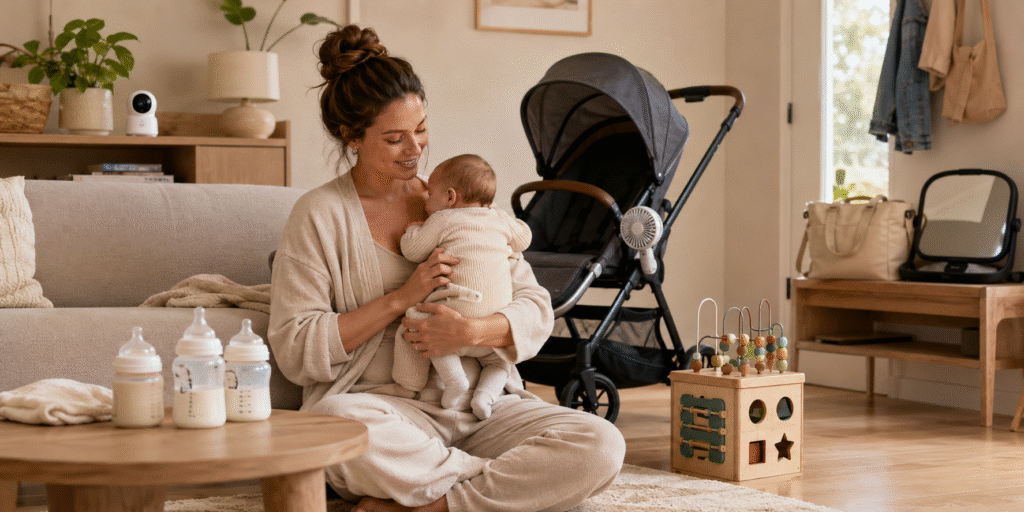 7 Amazon Prime Day Baby & Mom Picks Worth Checking in 2026 1 New mother holding her baby in a cozy living room surrounded by practical baby essentials, including bottles, a stroller, a baby monitor and a wooden activity cube.