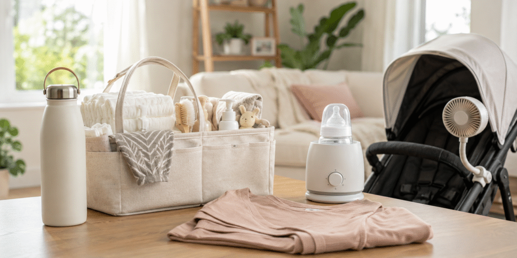 Summer essentials for new moms including a water bottle, diaper caddy, stroller fan, bottle warmer, and nursing top